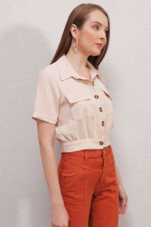 Merterium 0663 Crop Ceket - Krem