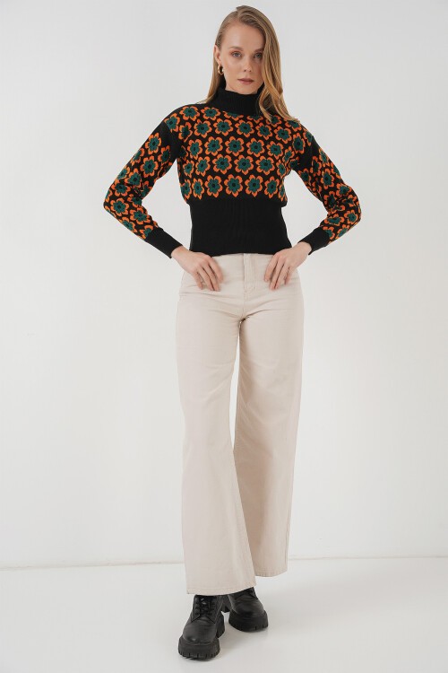 Merterium 15801 Boğazlı Desenli Crop Kazak - Oranje