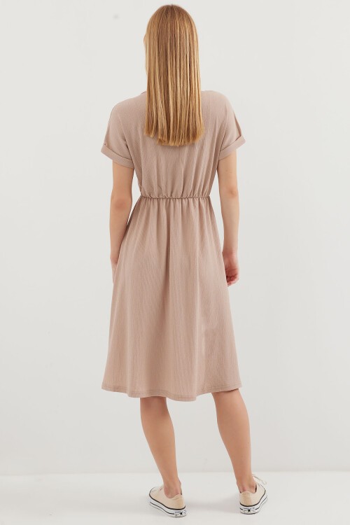 Merterium 2378 V Yaka Yırtmaçlı Örme Elbise - Bisküvi