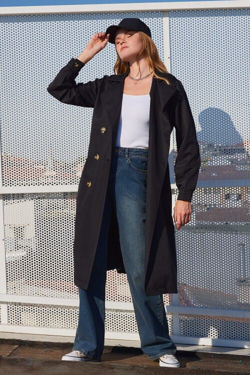 Merterium 5853 Kruvaze Yaka Trençkot - Siyah