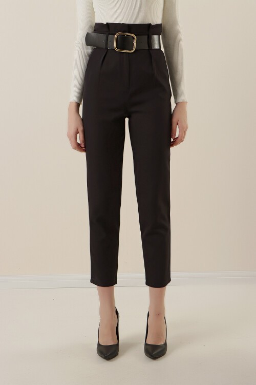 Merterium 6556 Kemerli Kumaş Pantolon - Siyah