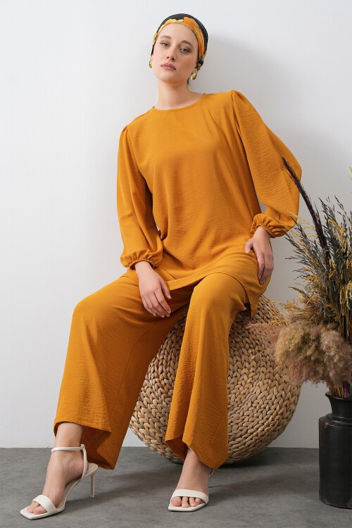 Merterium Kadın Ayrobin Tunik Pantolon Alt Üst Takım - Hardal