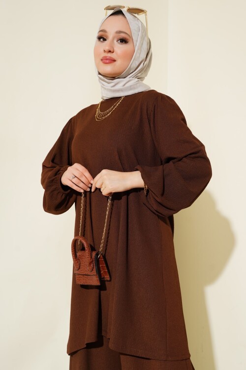 Merterium Kadın Kahverengi Tunik Pantolon Alt Üst Takım 6663