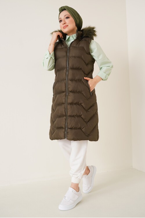 Merterium T10233 Kapüşonlu Uzun Tesettür Yelek - Haki