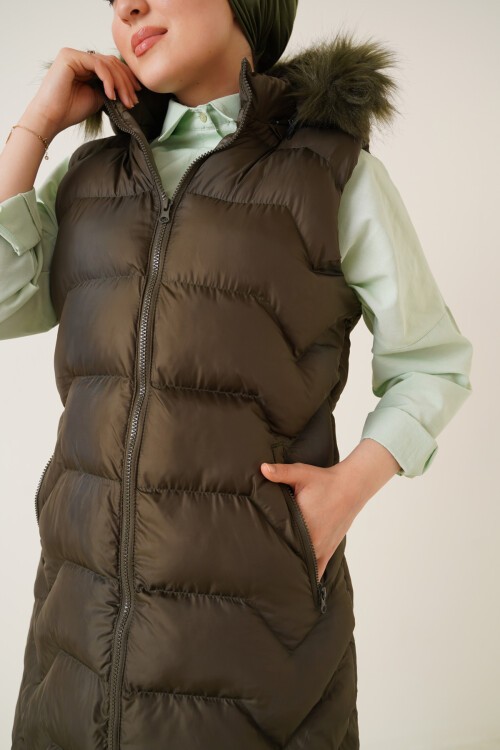 Merterium T10233 Kapüşonlu Uzun Tesettür Yelek - Haki