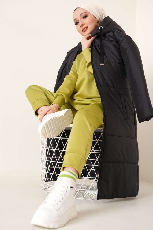 Merterium T5120 Kapşonlu Uzun Şişme Tesettür Mont - Siyah