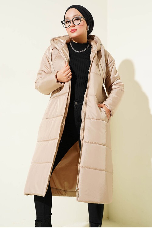 Merterium T5120 Kapşonlu Uzun Şişme Tesettür Mont - Vizon