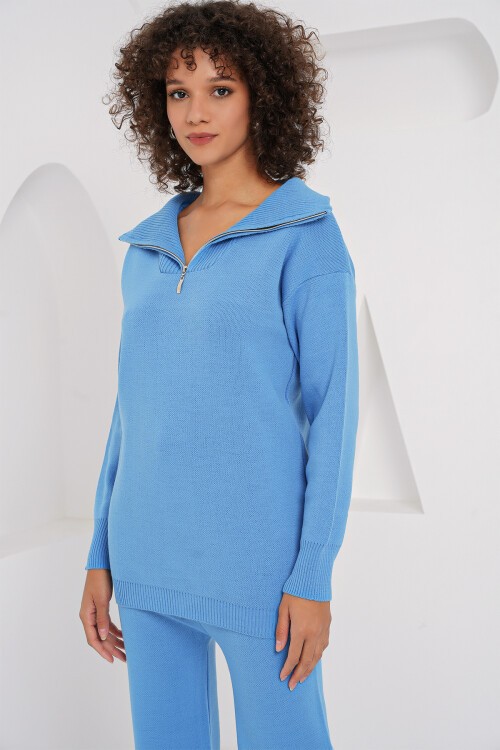 Merterium 15901 Fermuarlı Kazak Pantolon Triko İkili Takım - Mavi