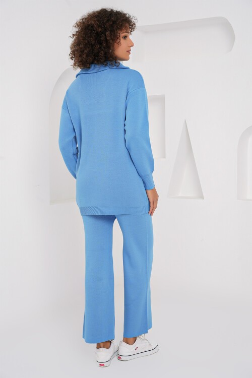 Merterium 15901 Fermuarlı Kazak Pantolon Triko İkili Takım - Mavi