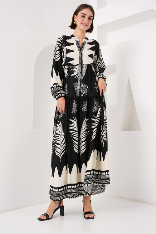 Merterium 2423 Otantik Desenli Tesettür Elbise - Siyah1