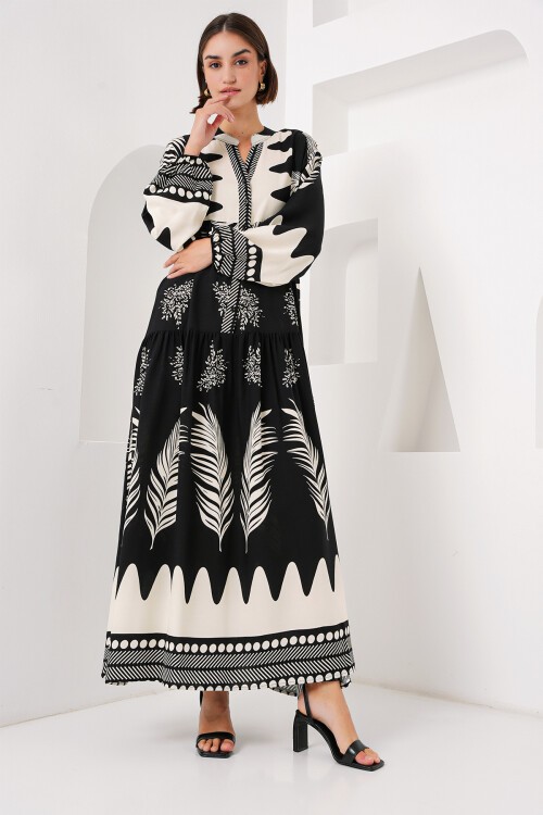 Merterium 2423 Otantik Desenli Tesettür Elbise - Siyah1