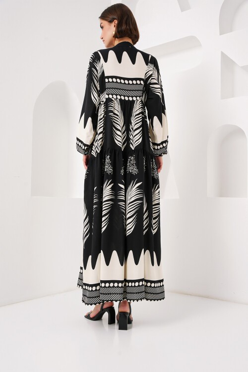 Merterium 2423 Otantik Desenli Tesettür Elbise - Siyah1