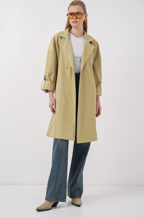 Merterium 9104 Kruvaze Yaka Astarlı Trençkot - Yağ Yeşil