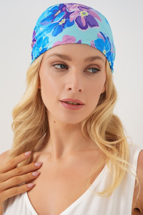 Merterium Kadın Desenli Bandana Fular 010187 - Saks