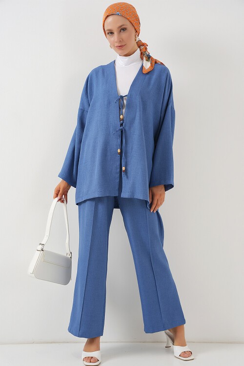 Merterium Kadın Keten Kimono İkili Takım 6727 - İndigo