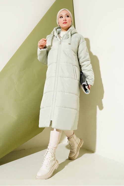 Merterium T5120 Kapşonlu Uzun Şişme Tesettür Mont - Mint