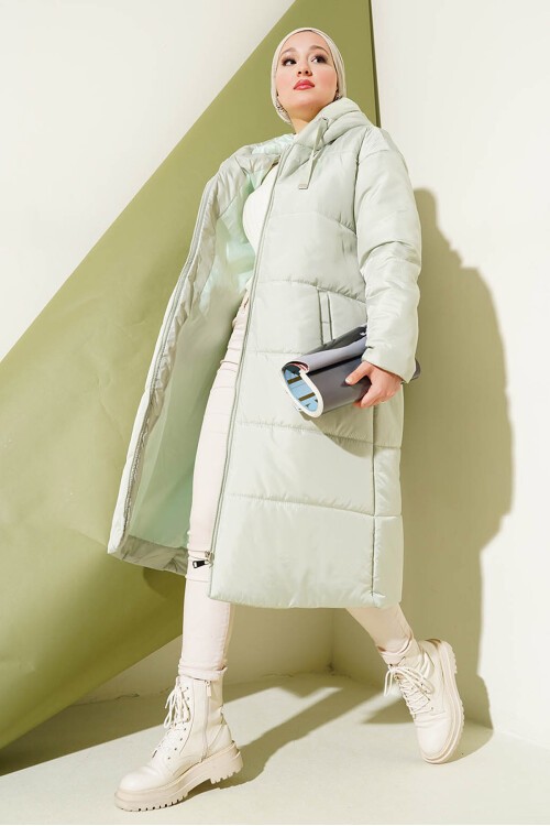 Merterium T5120 Kapşonlu Uzun Şişme Tesettür Mont - Mint