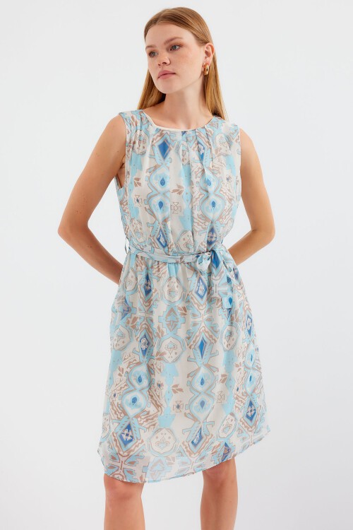 2501 Desenli Sıfır Kol Şifon Elbise - Mavi