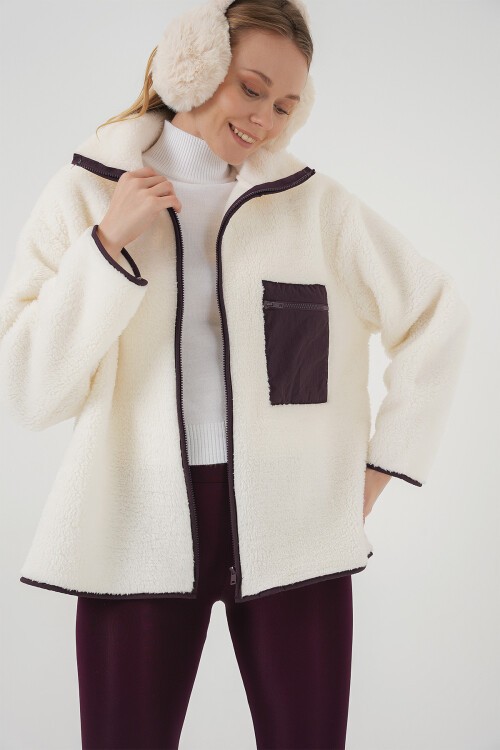 Merterium 55446 Fermuarlı Oversize Peluş Ceket Mont - Mor