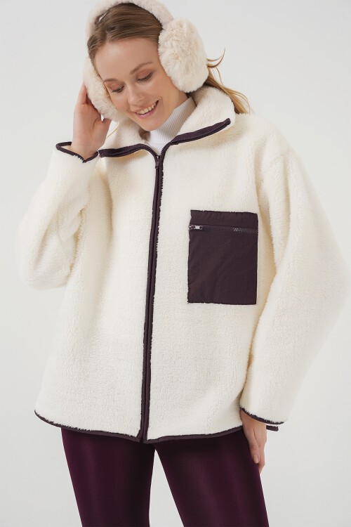 Merterium 55446 Fermuarlı Oversize Peluş Ceket Mont - Mor