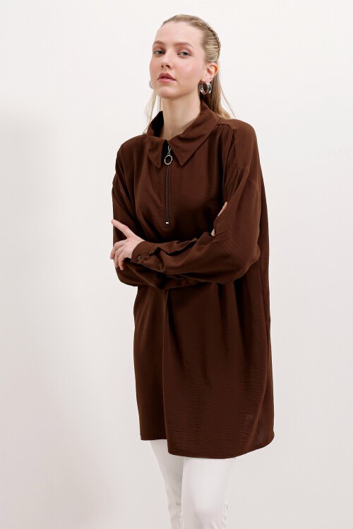 Merterium 5917 Fermuarlı Oversize Tunik - Kahverengi