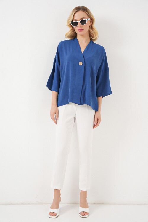 Kadın Kısa Kol Oversize Kimono 5969 - İndigo