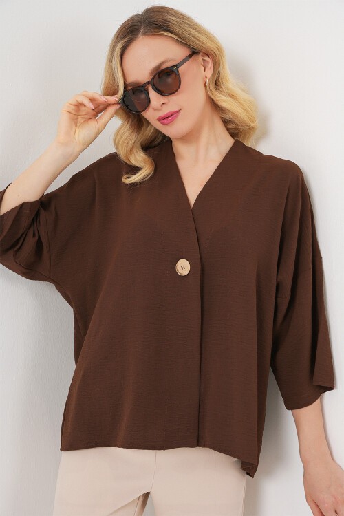 Kadın Kısa Kol Oversize Kimono 5969 - Kahverengi