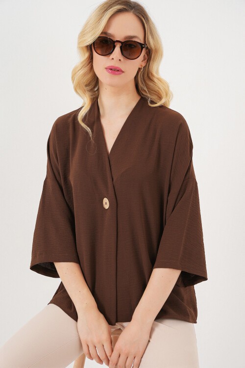 Kadın Kısa Kol Oversize Kimono 5969 - Kahverengi