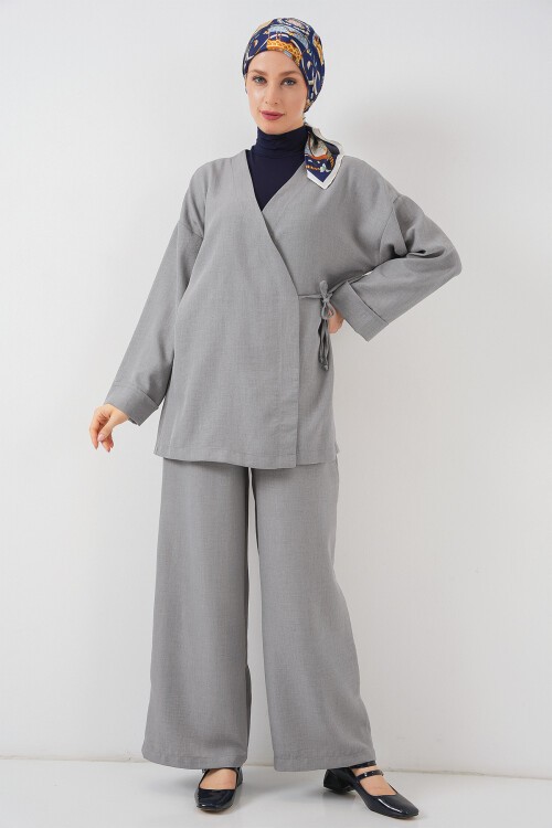 Kadın Kruvaze Yaka Kimono Alt Üst Takım 6743 - Gri