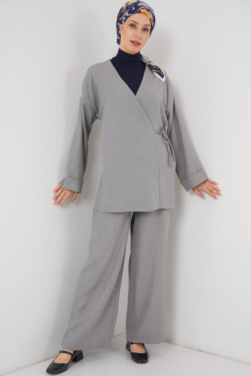 Kadın Kruvaze Yaka Kimono Alt Üst Takım 6743 - Gri