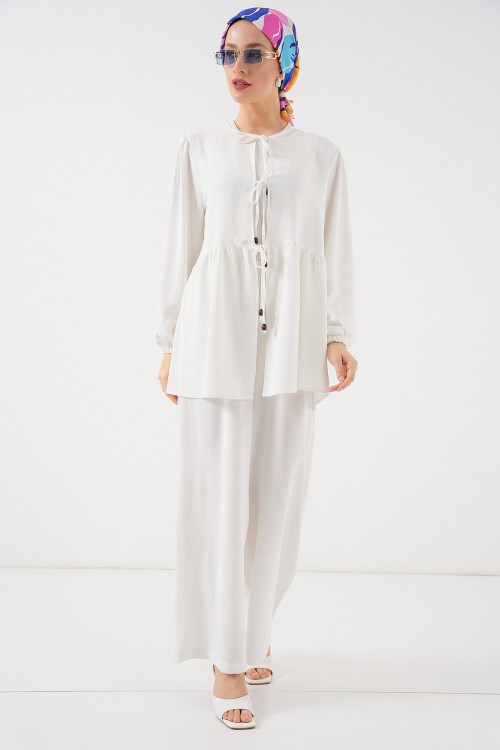Kadın Önü Bağcıklı Tunik Pantolon İkili Takım 6744 - Beyaz