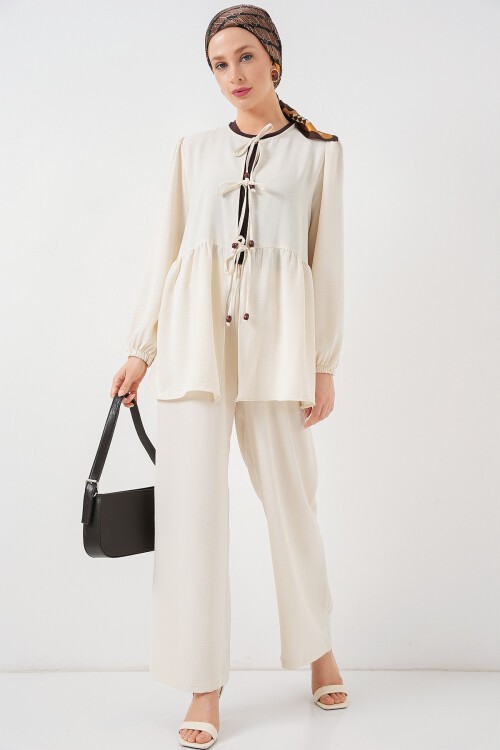 Kadın Önü Bağcıklı Tunik Pantolon İkili Takım 6744 - Ekru