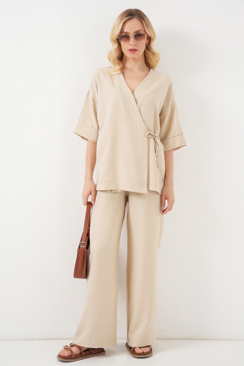 Kadın Önü Bağlamalı Alt Üst Takım 6745 - Bej