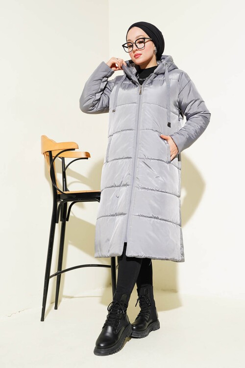 Merterium T5120 Kapşonlu Uzun Şişme Tesettür Mont - Gri