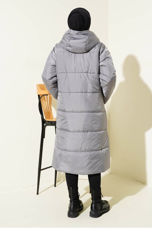 Merterium T5120 Kapşonlu Uzun Şişme Tesettür Mont - Gri