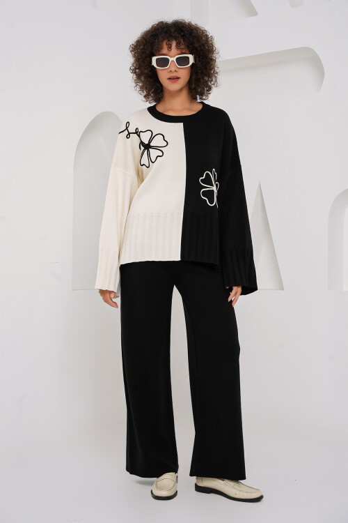 15904 Oversize Triko Kazak Pantolon İkili Takım - Siyah