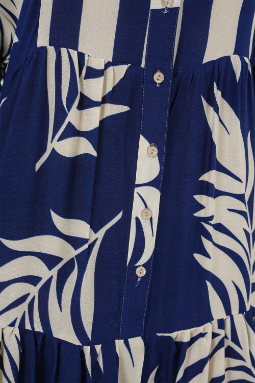 2423 Otantik Desenli Tesettür Elbise - Lacivert 3