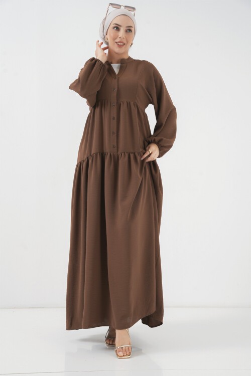 2527 Kadın Uzun Tesettür Elbise - Kahverengi