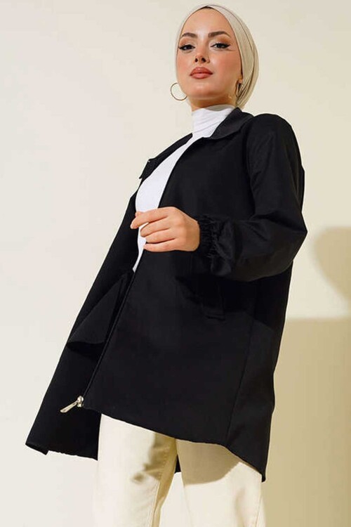 5908 Cep Kapaklı Kısa Trençkot - Siyah