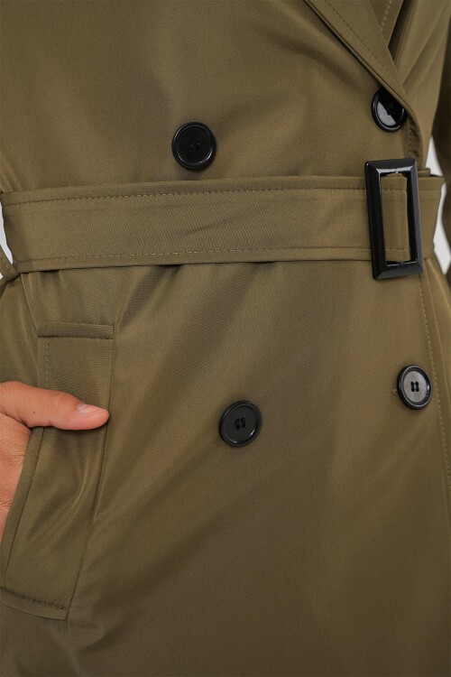 5941 Kruvaze Yaka Uzun Trençkot - Haki