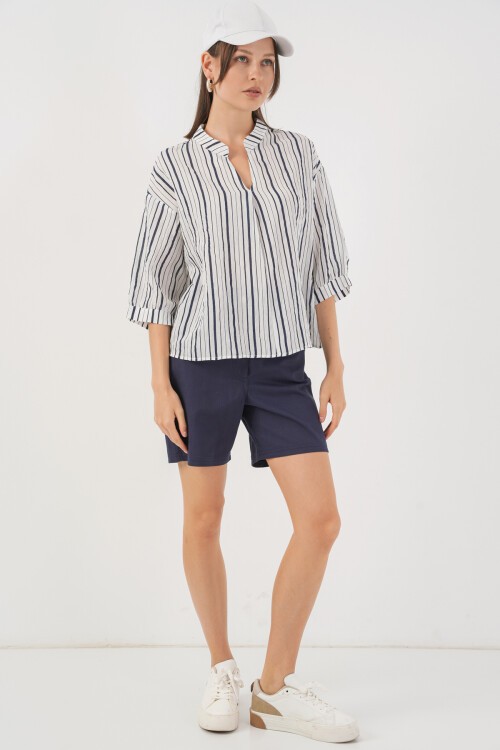 Kadın Çizgili Oversize Bluz 967 - F.Lacivert
