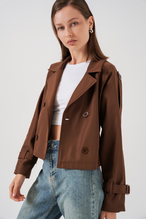 Kadın Kemerli Kısa Trençkot 5970 - Kahverengi