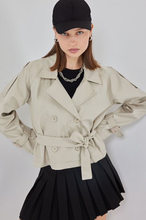 Kadın Kemerli Kısa Trençkot 5970 - Taş