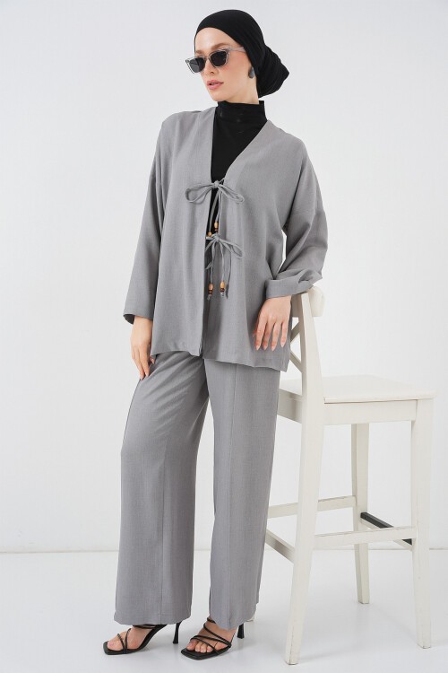 Kadın Keten Kimono İkili Takım 6727 - Gri