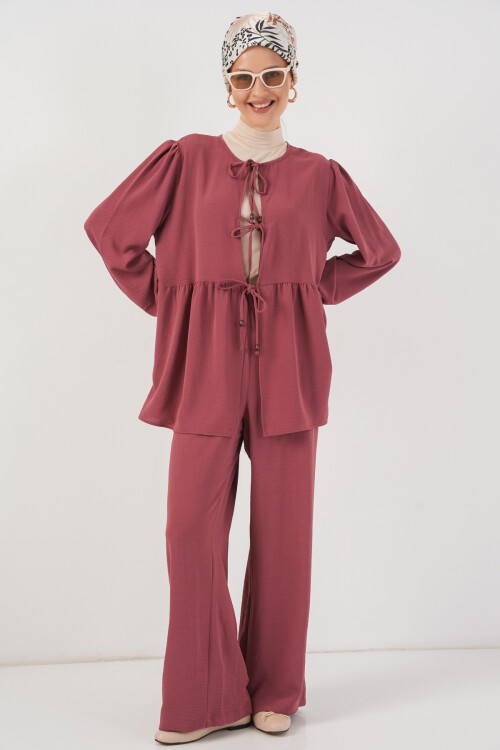 Kadın Önü Bağcıklı Tunik Pantolon İkili Takım 6744 - Gül Kurusu