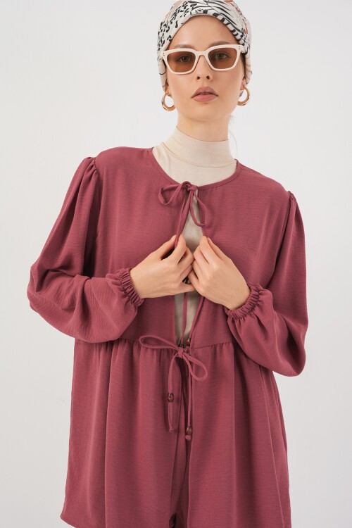 Kadın Önü Bağcıklı Tunik Pantolon İkili Takım 6744 - Gül Kurusu