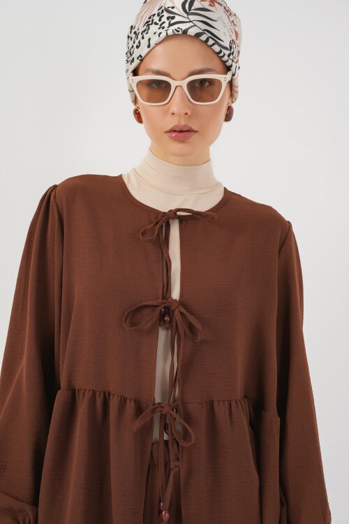 Kadın Önü Bağcıklı Tunik Pantolon İkili Takım 6744 - Kahverengi