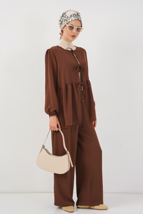 Kadın Önü Bağcıklı Tunik Pantolon İkili Takım 6744 - Kahverengi