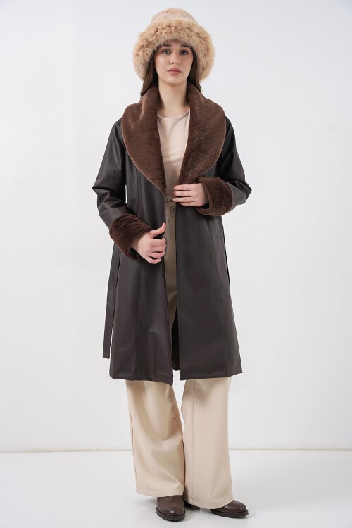 1045 Kürklü Suni Deri Kaban - Kahverengi