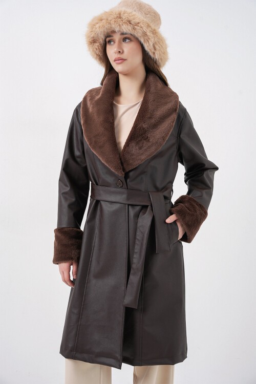 1045 Kürklü Suni Deri Kaban - Kahverengi